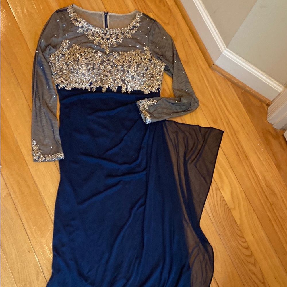 Xscape Blue and Gold Long Sleeve Gown for Prom